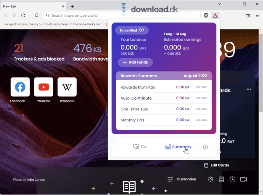 Brave Rewards in Brave Browser on Windows 11 with an overview of BAT rewards and the built‑in ad and tracker blocking