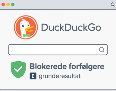 **Alt-tekst:** Skærmbillede af DuckDuckGo-søgemaskinens brugerflade i en browser med logoet øverst, en søgelinje og teksten "Blokerede forfølgere" samt et grønt skjoldikon, der symboliserer privatlivsbeskyttelse.
