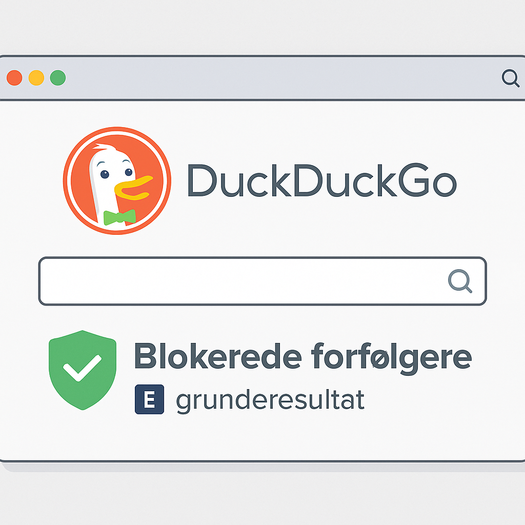 **Alt-tekst:** Skærmbillede af DuckDuckGo-søgemaskinens brugerflade i en browser med logoet øverst, en søgelinje og teksten "Blokerede forfølgere" samt et grønt skjoldikon, der symboliserer privatlivsbeskyttelse.