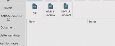 Screenshot af FormatFactory på Windows 11, hvor venstremenuen viser konverteringsmuligheder som Video, Lyd og Billede. I midten ses valg af filformater som MP4, AVI, MKV og GIF, klar til konvertering.