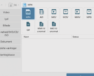 Screenshot af FormatFactory på Windows 11, hvor venstremenuen viser konverteringsmuligheder som Video, Lyd og Billede. I midten ses valg af filformater som MP4, AVI, MKV og GIF, klar til konvertering.