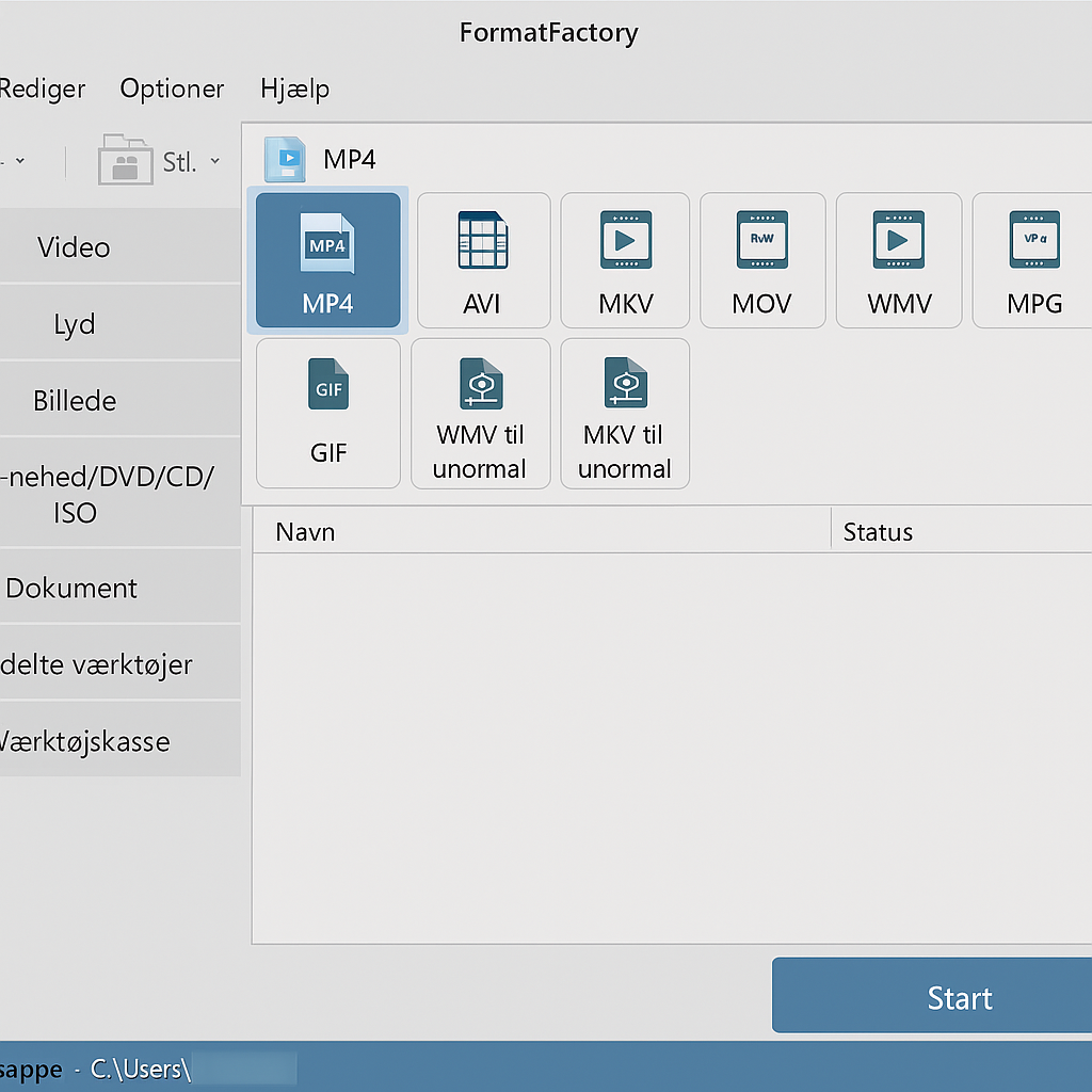 Skjermbilde av FormatFactory på Windows 11, der venstremenyen viser konverteringsmuligheter som Video, Lyd og Bilde. I midten ser du valg av filformater som MP4, AVI, MKV og GIF, klare for konvertering.