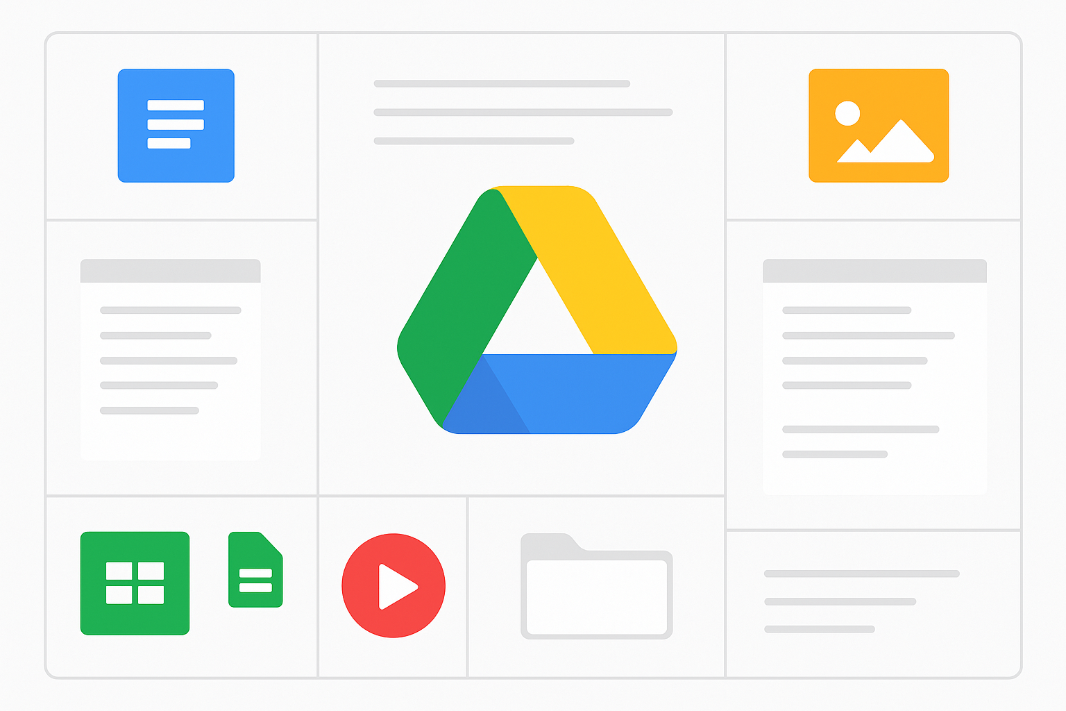 Google Drive logo omgivet af ikoner for dokumenter, regneark, billeder, video og mapper – symboliserer lagring og samarbejde i skyen.