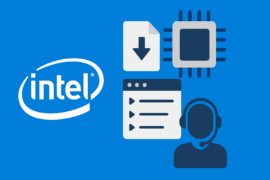Download Intel Drivers - Digital illustration med Intel-logo, et processorikon, en downloadfil, et browservindue og en supportperson med headset på blå baggrund.