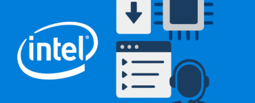 Download Intel Drivers - Digital illustration med Intel-logo, et processorikon, en downloadfil, et browservindue og en supportperson med headset på blå baggrund.