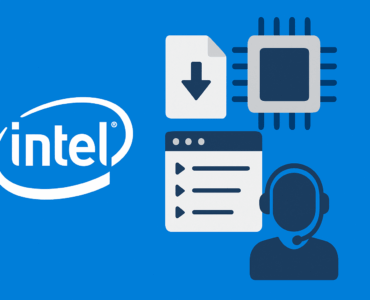 Download Intel Drivers - Digital illustration med Intel-logo, et processorikon, en downloadfil, et browservindue og en supportperson med headset på blå baggrund.