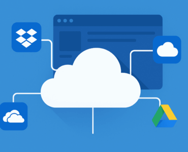 Illustration af MultCloud-koncept med central sky forbundet til populære cloudtjenester som Google Drive, Dropbox og OneDrive.