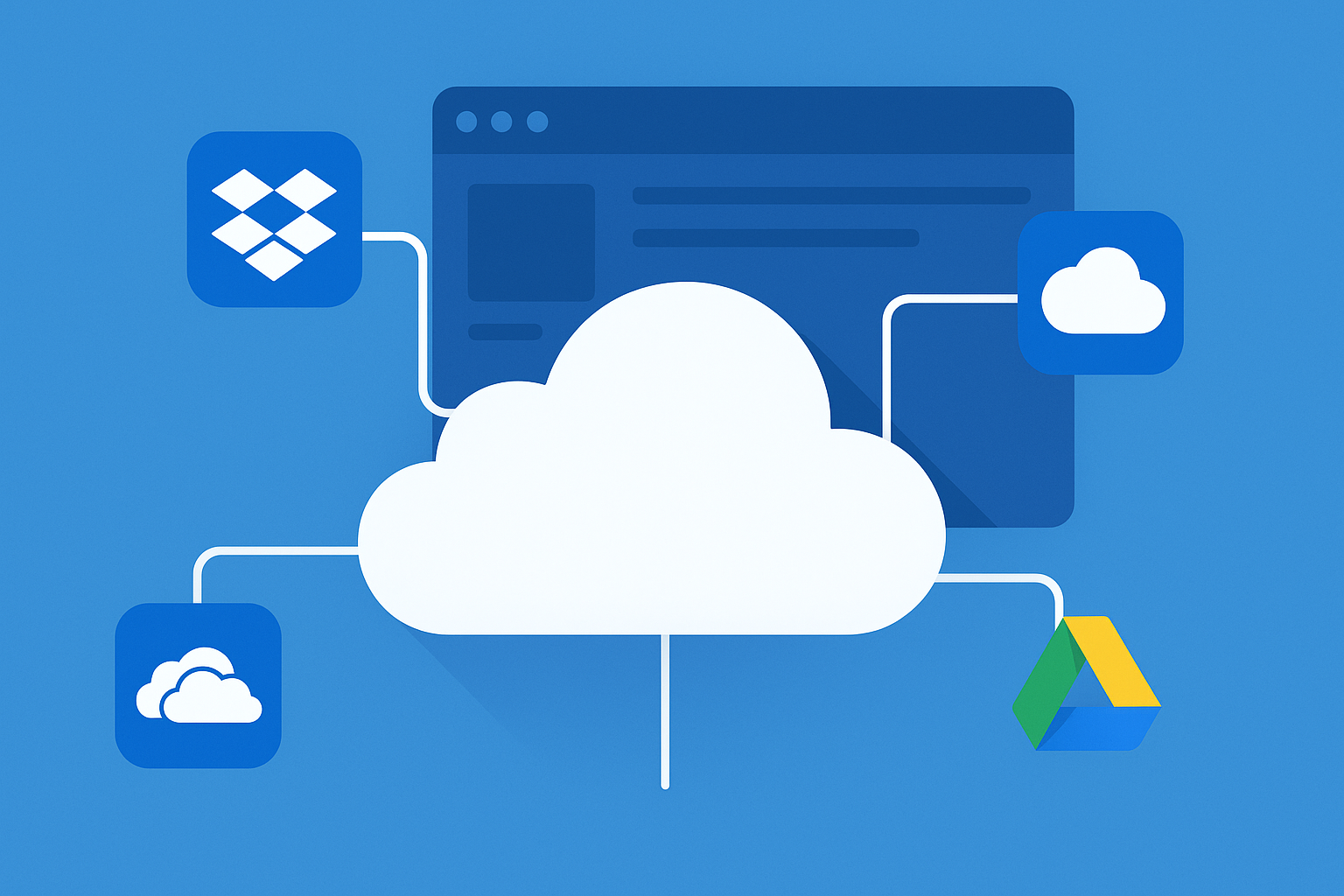 Illustrasjon av MultCloud-konsept med sentral sky koblet til populære skytjenester som Google Drive, Dropbox og OneDrive.