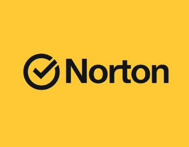 Norton-logo med sort tjekmærke i cirkel og teksten 'Norton' på gul baggrund – stilrent og genkendeligt branddesign.