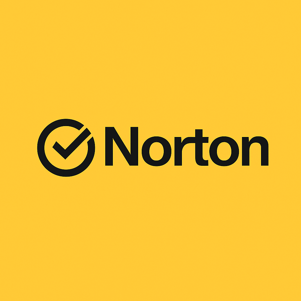 Norton-logo med sort tjekmærke i cirkel og teksten 'Norton' på gul baggrund – stilrent og genkendeligt branddesign.