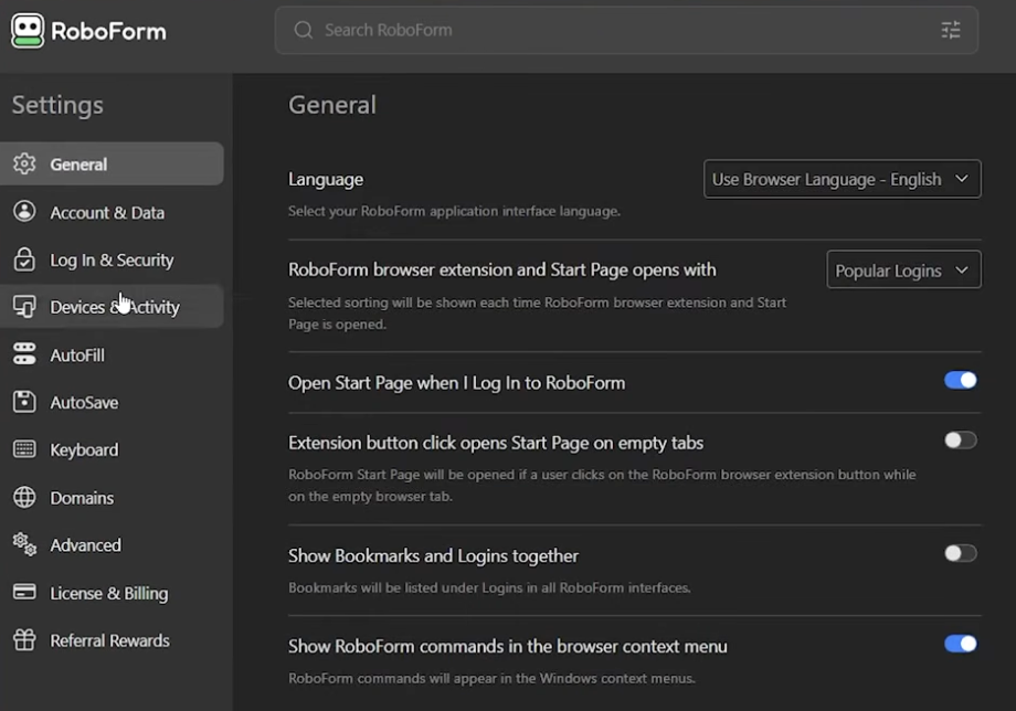 RoboForm passwordmanager med indstillinger for sprog, automatisk udfyldning, login, sikkerhed og browserintegration.