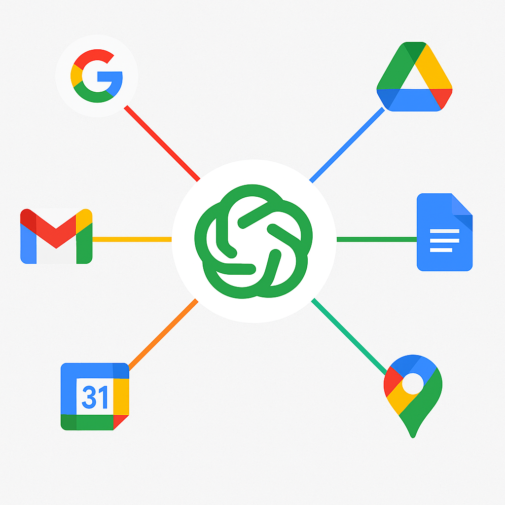 Et stilrent digitalt billede der viser Googles økosystem med ikoner for Gmail, Docs, Kalender, Meet og Gemini forbundet i et netværk – symboliserer integration og samarbejde.