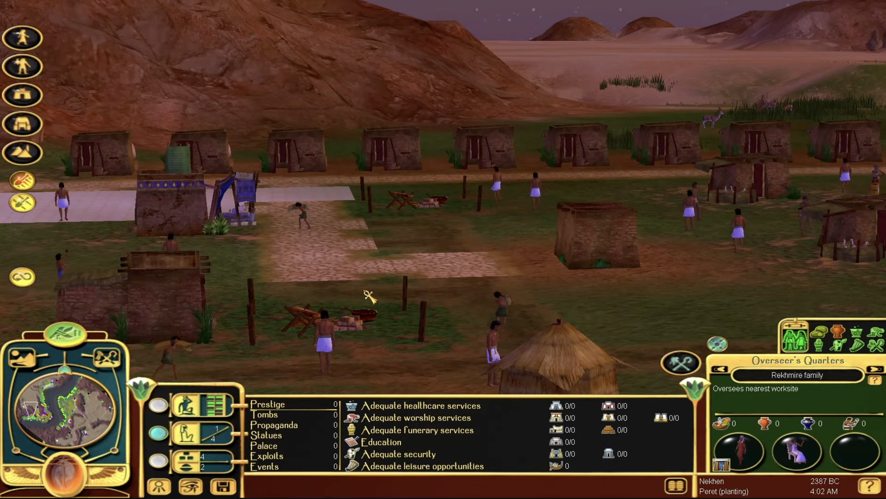 Gameplay from Immortal Cities: Children of the Nile, showing an Egyptian village with homes, workers, and UI in a desert setting.