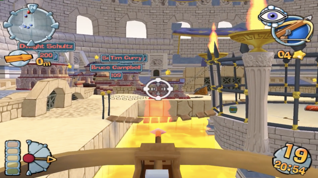 Worms Forts: Under Siege Gameplay mit Armbrust-Zielfernrohr auf das feindliche Fort in einer farbenfrohen 3D-Arena mit Burgen, Lava und Worms-Humor.