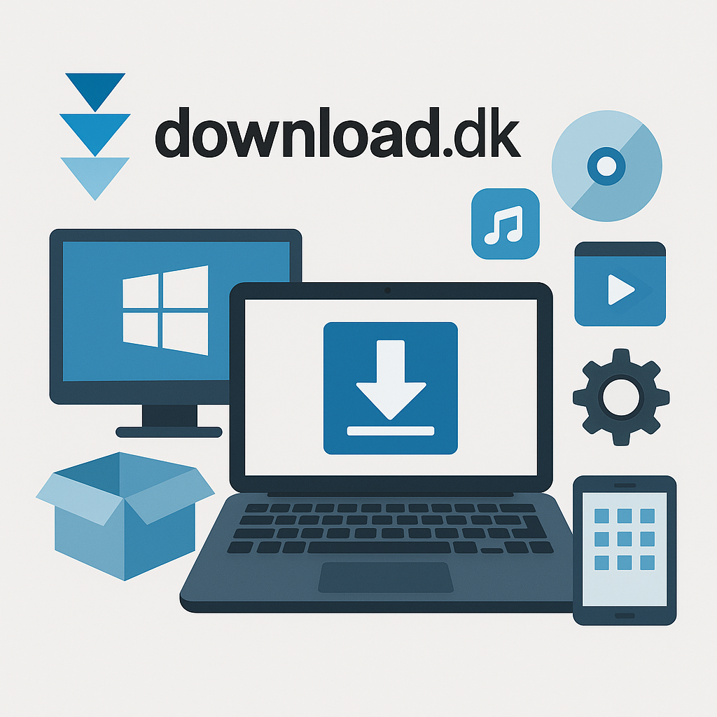 Illustration med bærbar computer, desktopskærm og softwareikoner omkring Download.dk-logoet. Viser downloadrelaterede symboler som pil, tandhjul, CD og apps – repræsenterer software, teknologi og digitalt indhold.
