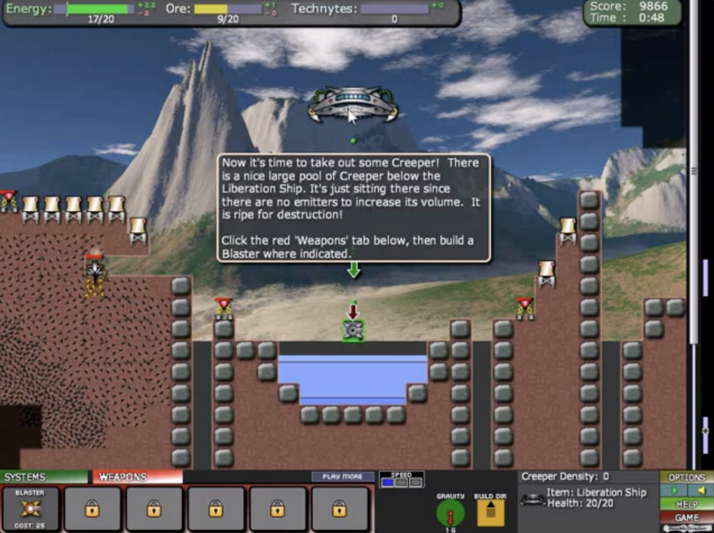 Screenshot from Creeper World 2 showing the player building weapons and defenses against the fluid creeper enemy.