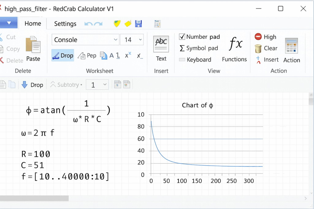 Et screenshot af RedCrab Calculator i brug på Windows. Vinduet viser et regneark med indtastede matematiske formler til venstre og en graf til højre, der illustrerer en kurve baseret på beregningen. Menuen øverst indeholder knapper til tekst, symboler, funktioner og indsættelse af grafer.