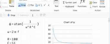 Et screenshot af RedCrab Calculator i brug på Windows. Vinduet viser et regneark med indtastede matematiske formler til venstre og en graf til højre, der illustrerer en kurve baseret på beregningen. Menuen øverst indeholder knapper til tekst, symboler, funktioner og indsættelse af grafer.