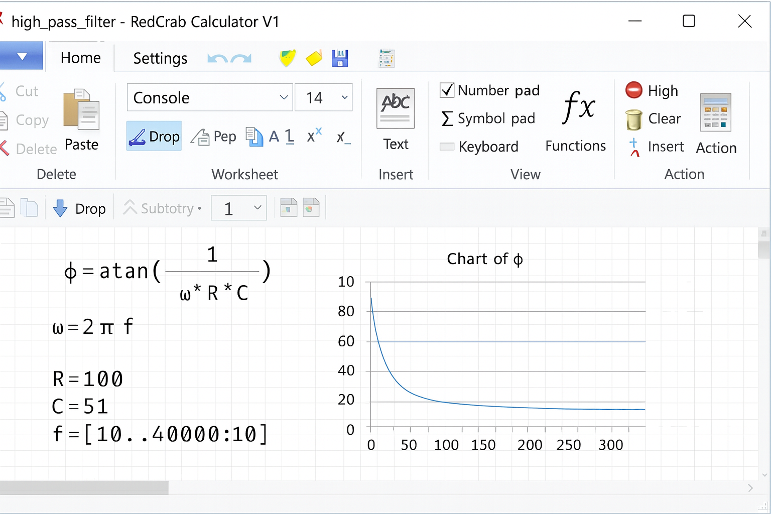 Et skjermbilde av RedCrab Calculator i bruk på Windows. Vinduet viser et regneark med innskrevne matematiske formler til venstre og en graf til høyre som illustrerer en kurve basert på beregningen. Menyen øverst inneholder knapper for tekst, symboler, funksjoner og innsetting av grafer.
