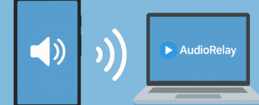 Billedet viser en Android-telefon, der streamer lyd til en Windows-PC via Wi-Fi. Der vises lyd-bølge-ikoner mellem enhederne, med AudioRelay-logo eller UI i baggrunden. Designet er minimalistisk, lyst og uden tekst.