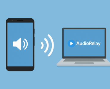 Billedet viser en Android-telefon, der streamer lyd til en Windows-PC via Wi-Fi. Der vises lyd-bølge-ikoner mellem enhederne, med AudioRelay-logo eller UI i baggrunden. Designet er minimalistisk, lyst og uden tekst.