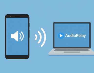 Billedet viser en Android-telefon, der streamer lyd til en Windows-PC via Wi-Fi. Der vises lyd-bølge-ikoner mellem enhederne, med AudioRelay-logo eller UI i baggrunden. Designet er minimalistisk, lyst og uden tekst.