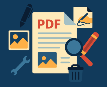 Grafisk illustration af PDF-dokument omgivet af redigeringsværktøjer som pen, forstørrelsesglas, billedikoner og skraldespand