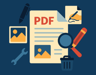 Grafisk illustration af PDF-dokument omgivet af redigeringsværktøjer som pen, forstørrelsesglas, billedikoner og skraldespand