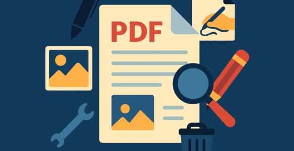 Grafisk illustration af PDF-dokument omgivet af redigeringsværktøjer som pen, forstørrelsesglas, billedikoner og skraldespand