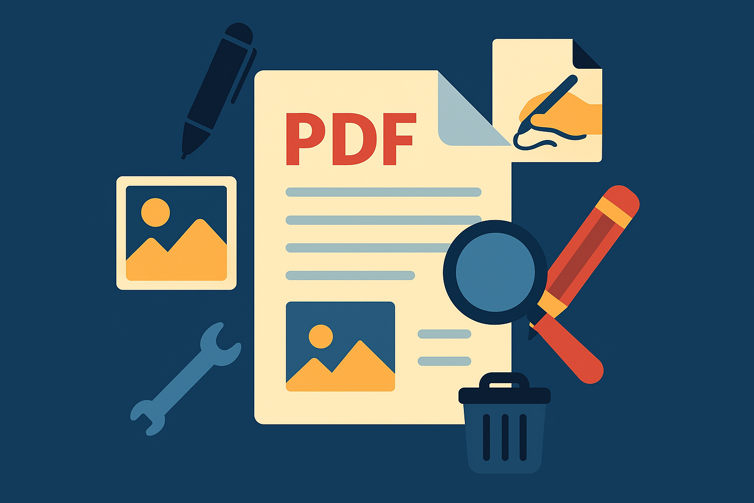 Grafisk illustration av ett PDF-dokument omgivet av redigeringsverktyg som penna, förstoringsglas, bildikoner och papperskorg