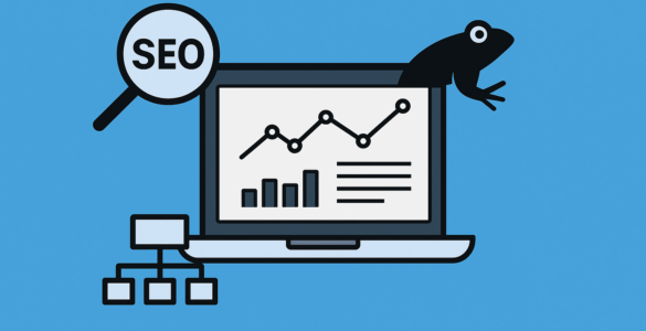 SEO-analyse på en bærbar computer med SEO Softwre der har grafer, diagrammer og en forstørrelsesglas-ikon, der symboliserer søgeordsdata. Til venstre et site-strukturikon og til højre en sort frø, som refererer til Screaming Frog.
