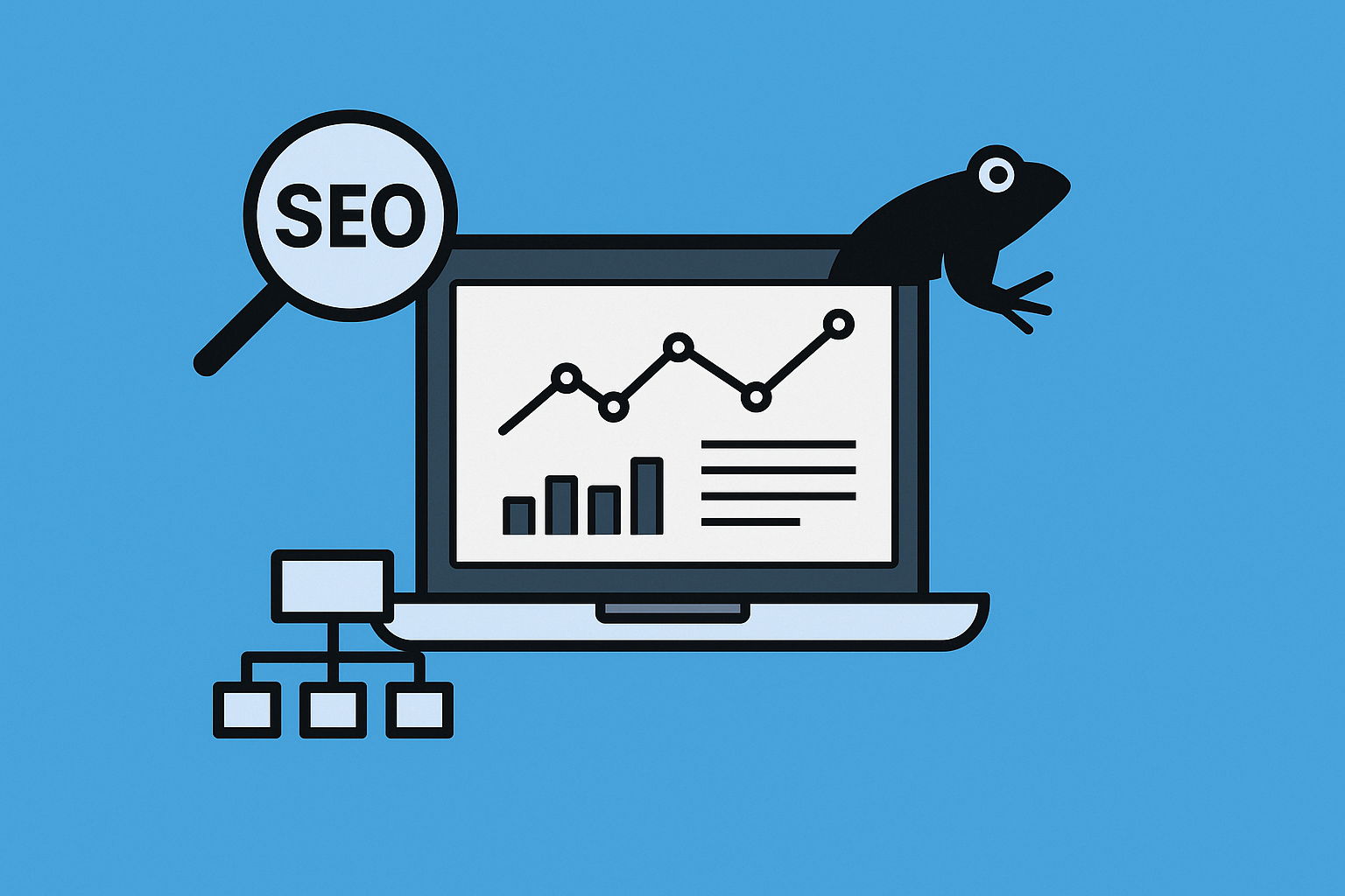SEO-analys på en bärbar dator med SEO-programvara som visar grafer, diagram och en förstoringsglassisikon som symboliserar sökordsdata. Till vänster ett webbplatstruktursikon och till höger en svart groda som refererar till Screaming Frog.
