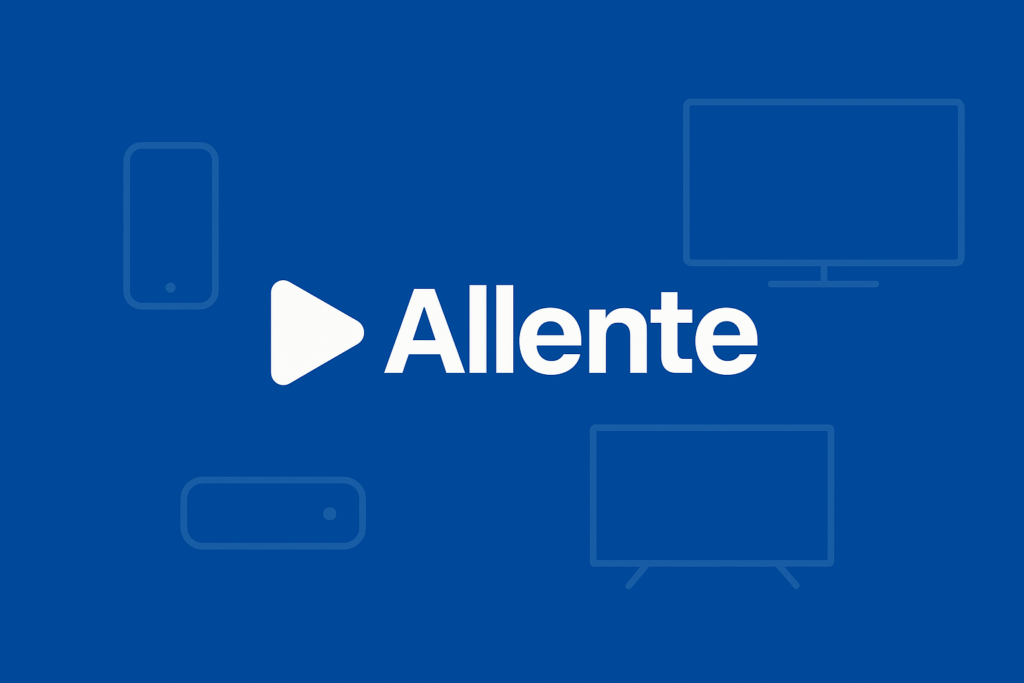 Topbillede i Allentes blå og hvide farver med moderne, minimalistisk design, der symboliserer streaming på tværs af enheder som tv, computer og mobil.