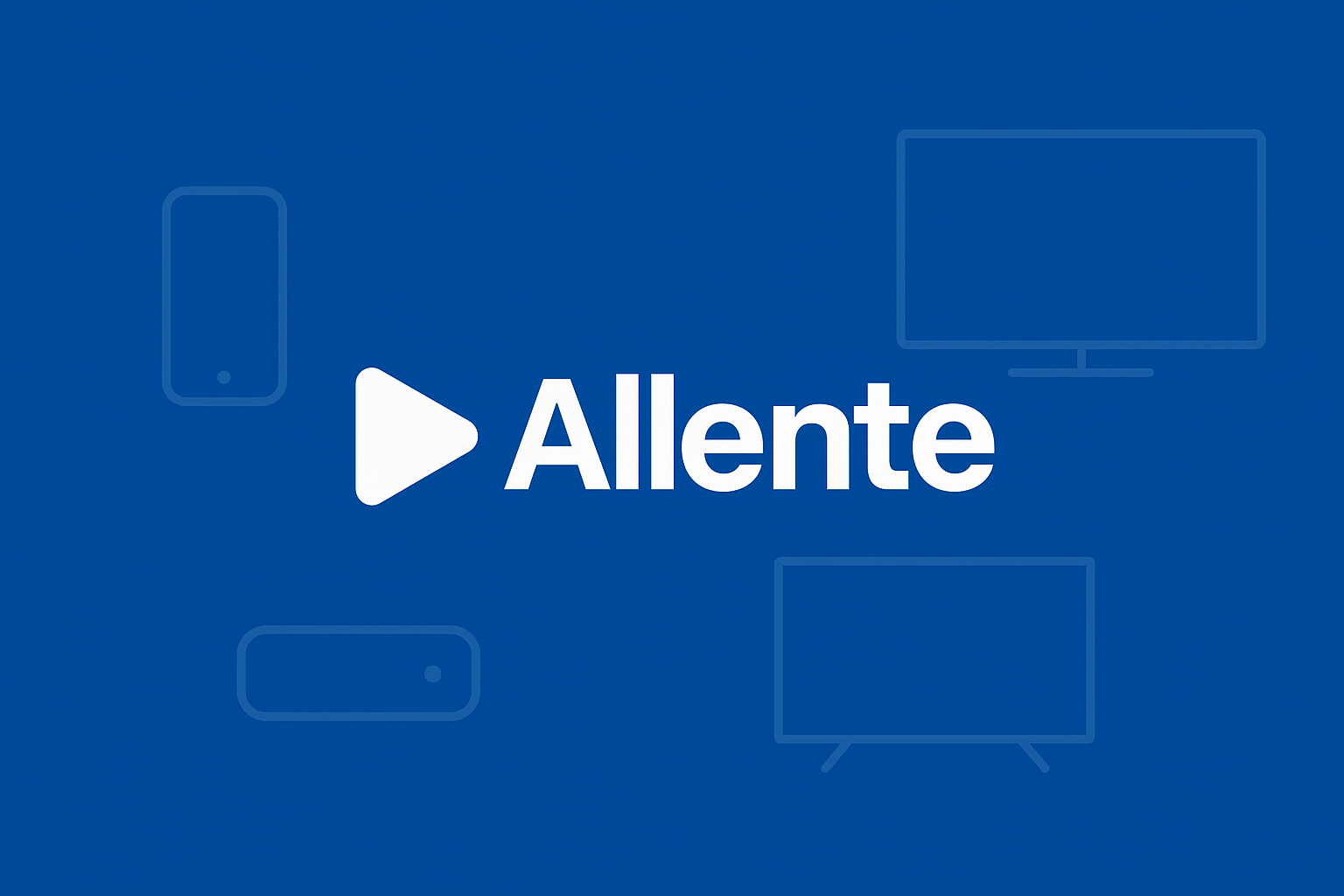 Toppbilde i Allentes blå og hvite farger med moderne, minimalistisk design som symboliserer strømming på tvers av enheter som TV, datamaskin og mobil.