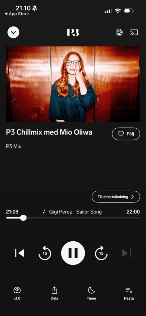 Selve afspilleren hvor vi her afspiller Sveriges P3. Ikoner som Chromcast viser, at man let kan streame lyder til en Chromcast enhed.