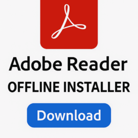 Illustration af Adobe Reader offline installer med rødt Adobe-logo og en blå download-knap på hvid baggrund.